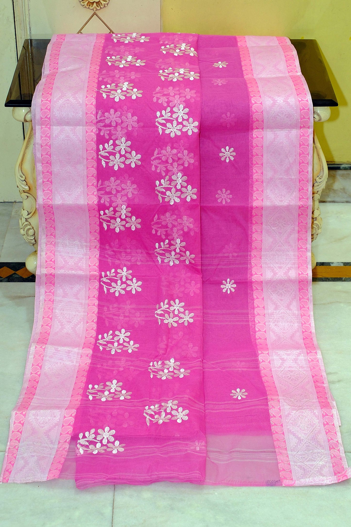 Bengal Handloom Cotton Saree with Floral Skirt Motif Embroidery in Pink and White