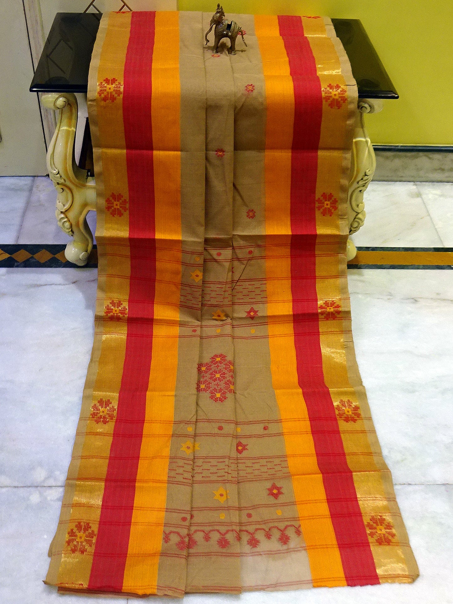 Woven Metro Contrast Border Bengal Handloom Cotton Bomkai Saree in Khaki, Red and Golden Yellow