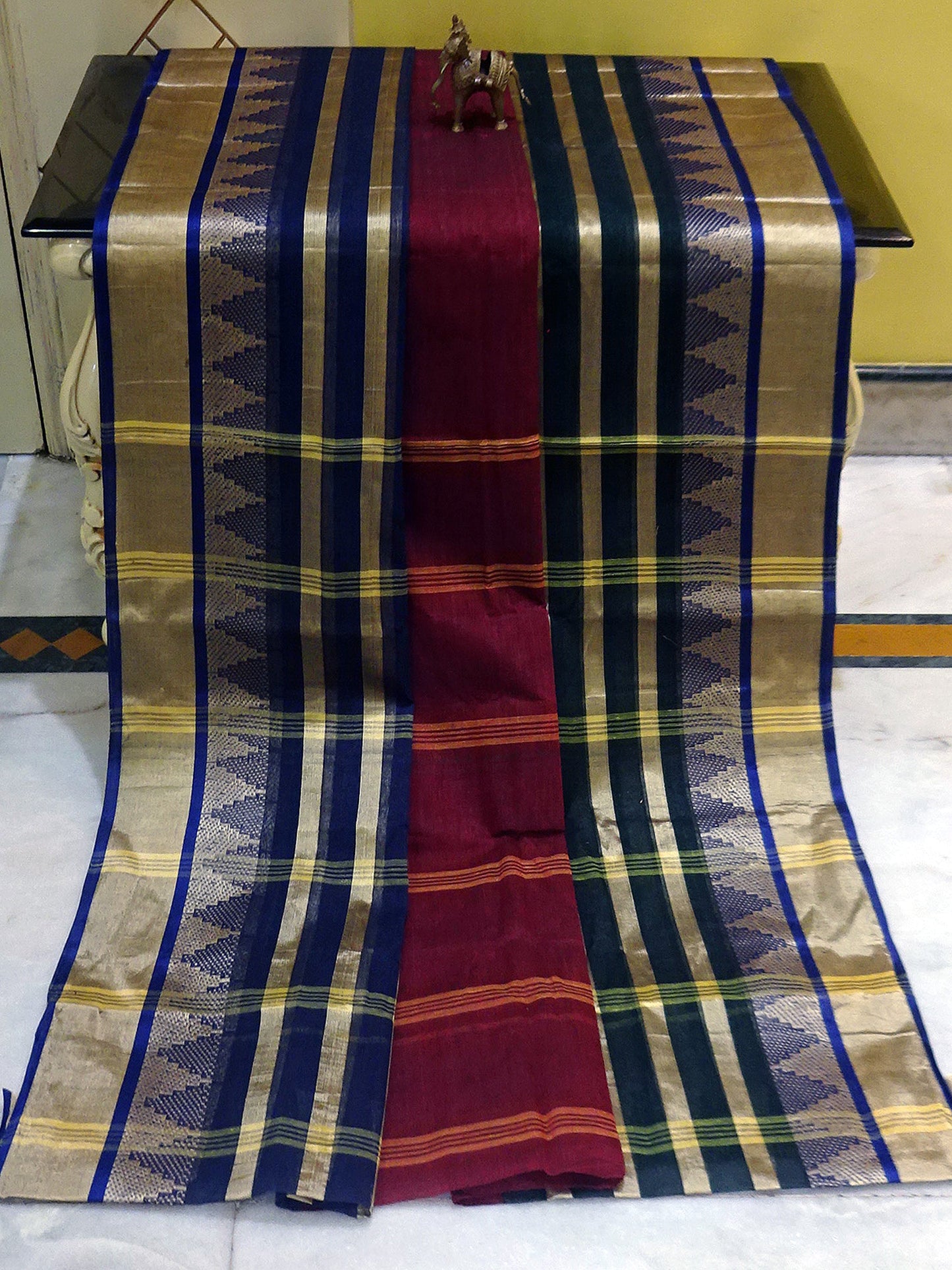 Temple Border Tangail Cotton Saree in Maroon, Navy Blue and Green with Beige Stripes