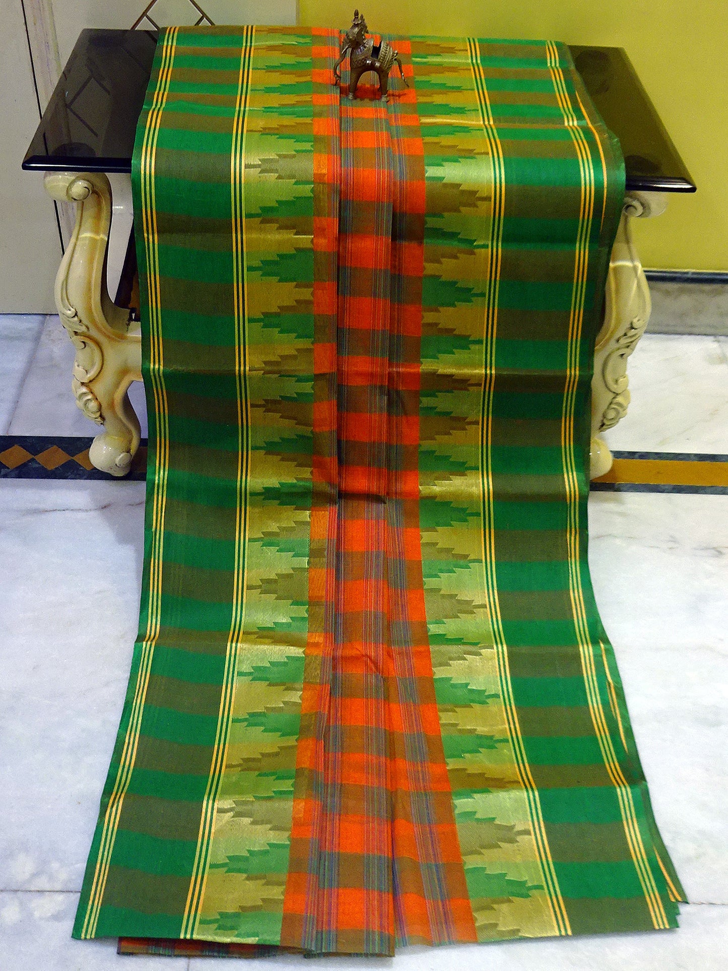 Temple Border Tangail Checks Cotton Saree in Orange, Green and Matt Golden