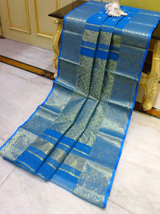 Bengal Handloom Tanchui Work Patli Pallu Saree in Ultramarine Blue and Gold