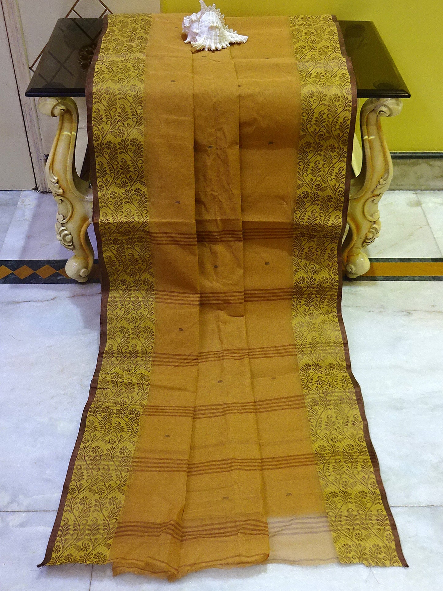 Thread Nakshi Jacket Border Bengal Handloom Cotton Saree in Mustard, Amber and Snuff Brown
