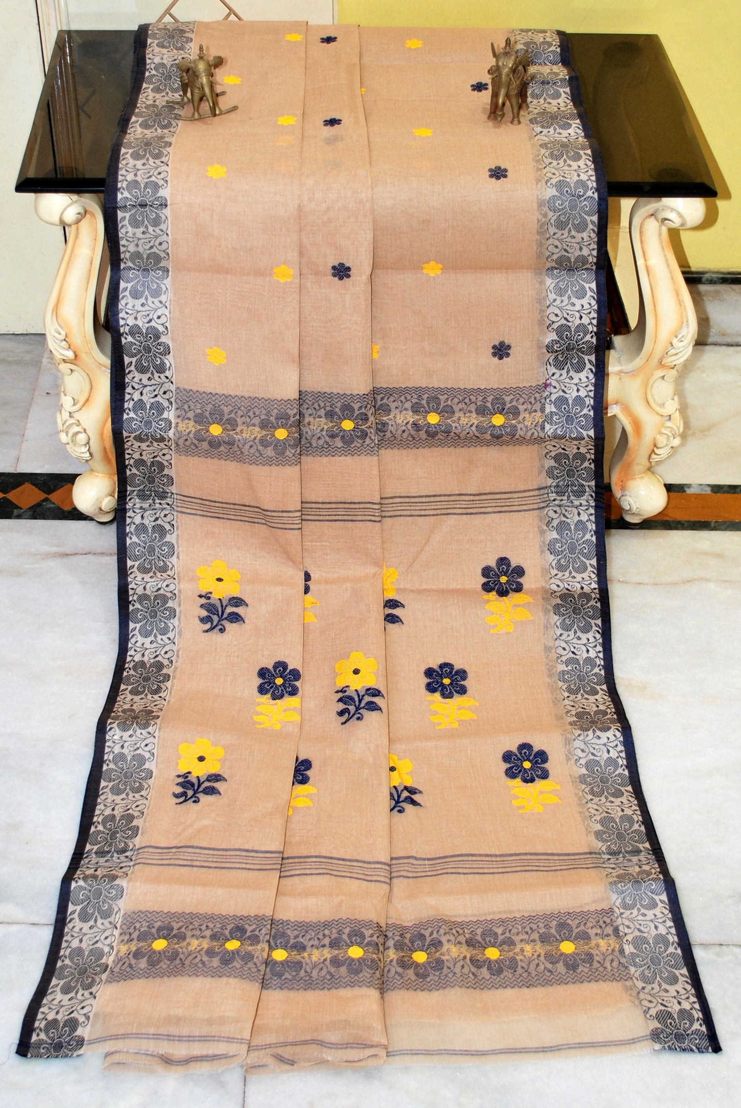 Medium Size Thread Nakshi Border Premium Quality Bengal Handloom Cotton Saree in Tan Brown, Midnight Blue and Yellow