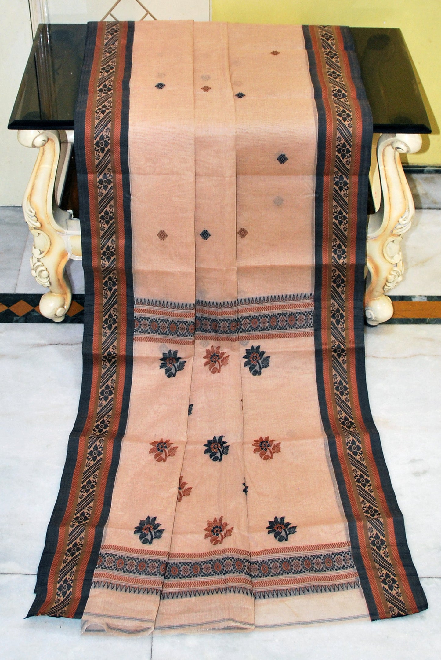 Medium Size Thread Nakshi Border Premium Quality Bengal Handloom Cotton Saree in Desert Sand , Brown and Black