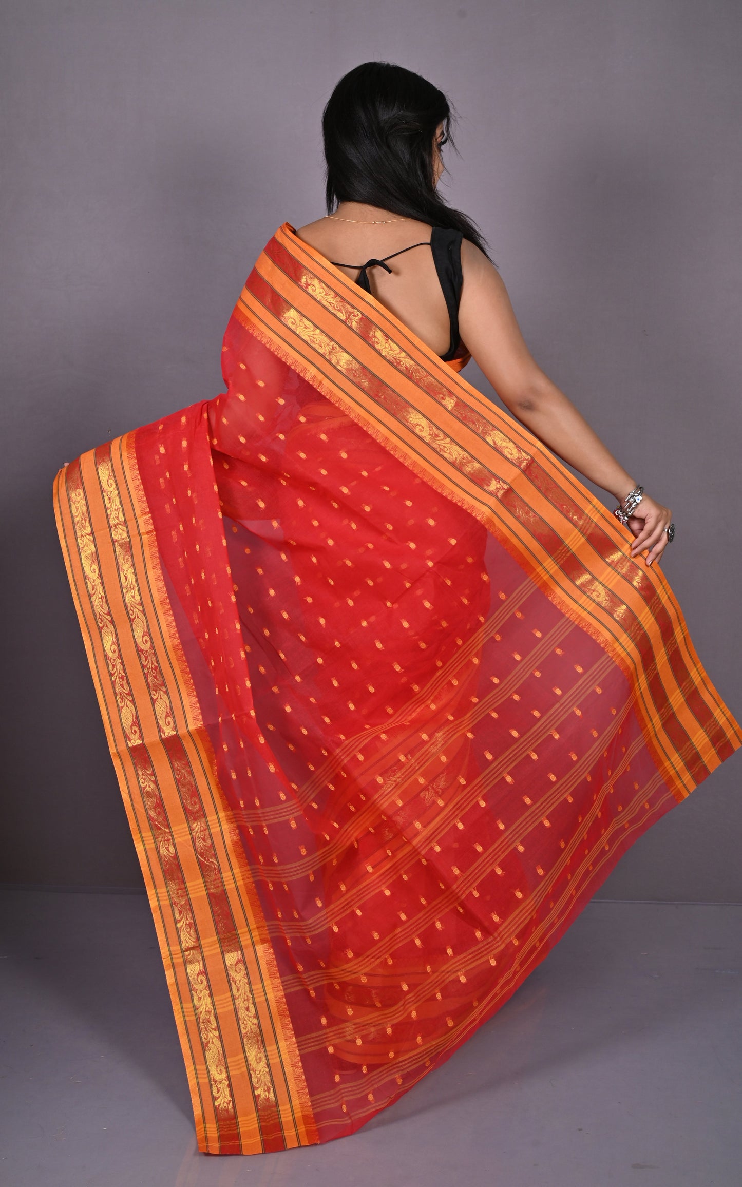 Designer Metro Nakshi Border Bengal Tangail Hazar Butti Cotton Saree in Red and Warm Beige