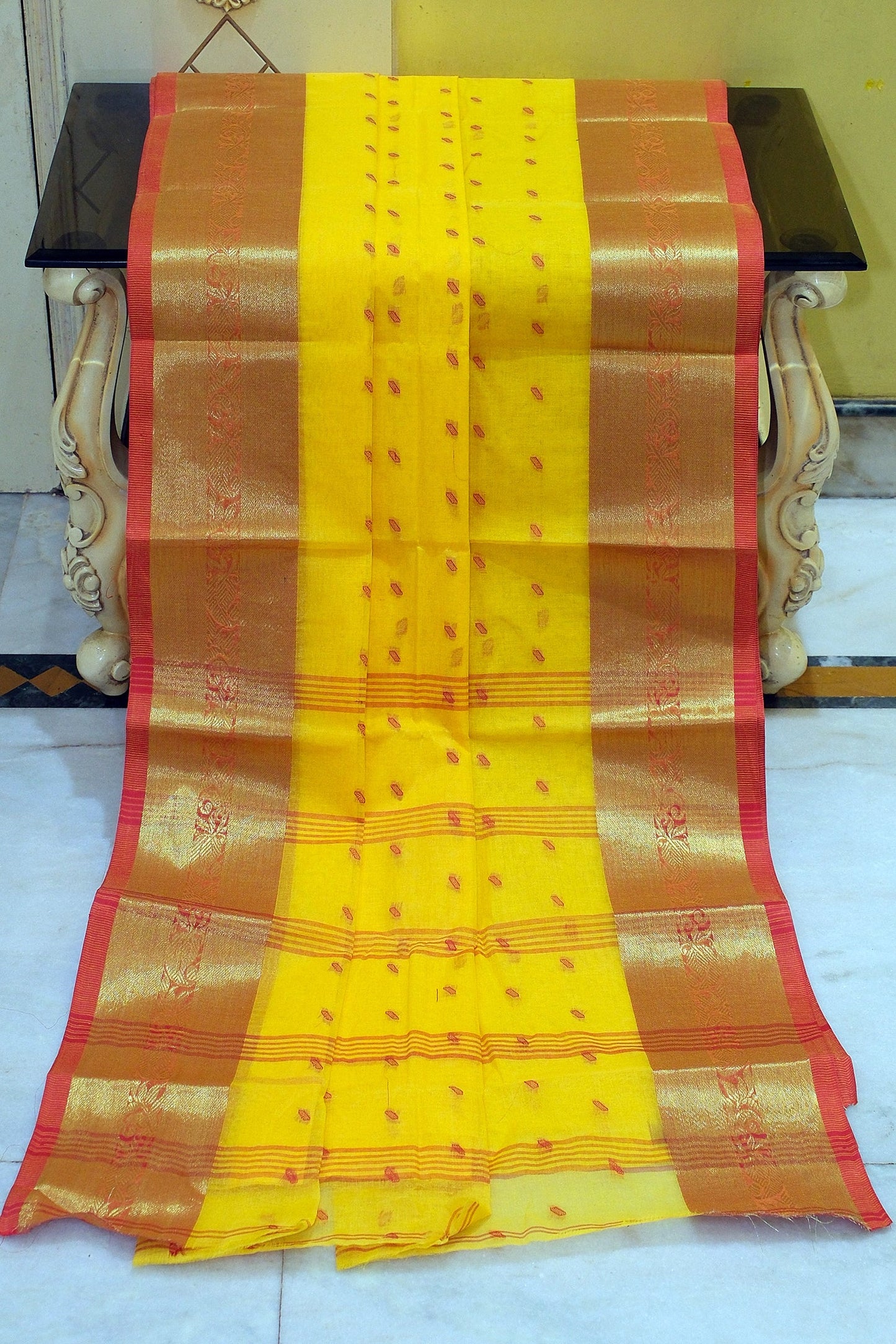 Bengal Tangail Hazar Butti Jacket Zari Nakshi Golden Border Cotton Saree in Yellow and Red