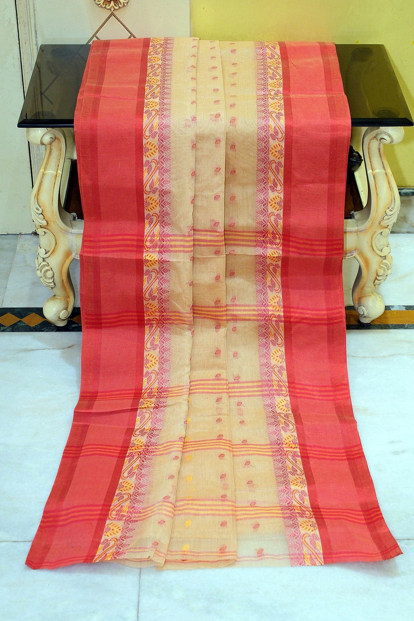 Bengal Tangail Hazar Butti Jacket Matta Thread Nakshi Border Cotton Saree in Biscotti, Cream Can and Red