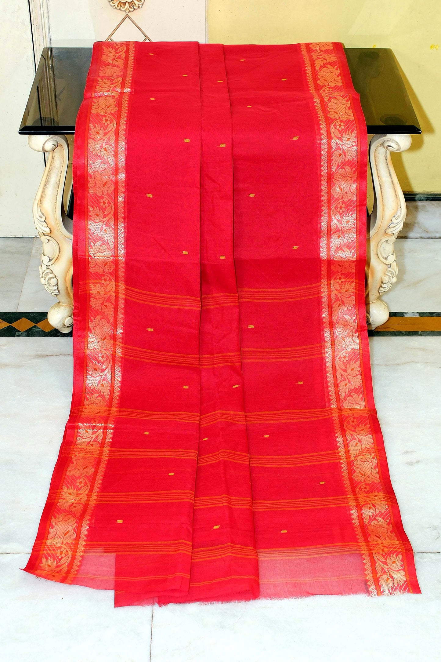 Thread Nakshi Jacket Border Bengal Handloom Cotton Saree in Red and Matt Gold
