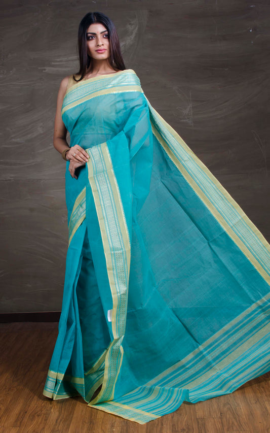 Bengal Handloom Begampuri Cotton Saree in Sea Green and Beige