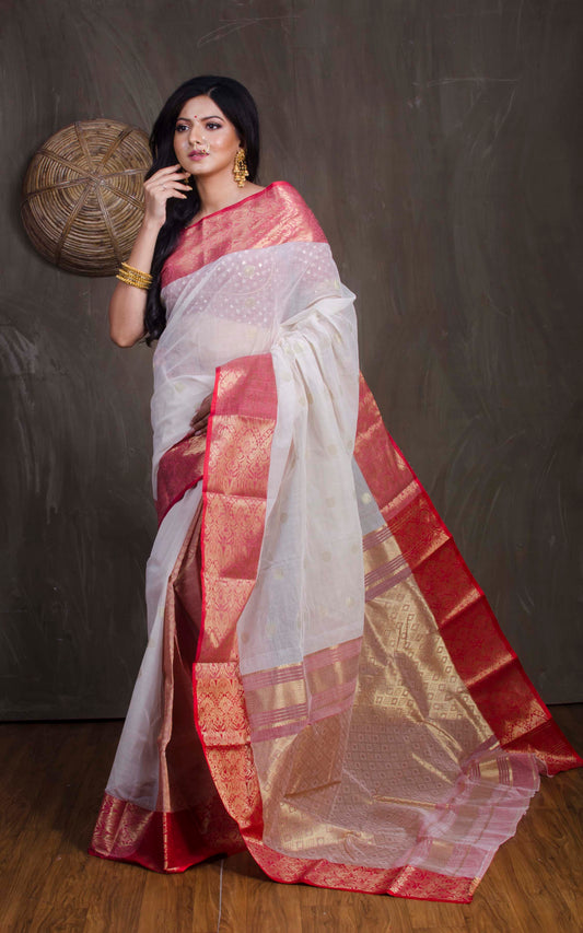 Bengal Handloom Tanchui Work Patli Pallu Saree in Off White, Red and Gold