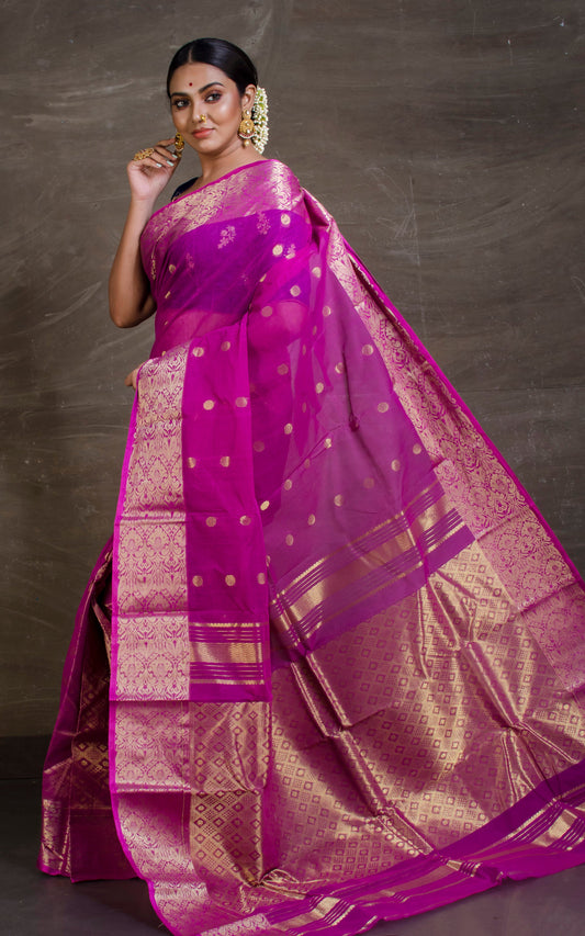Bengal Handloom Tanchui Work Patli Pallu Saree in Magenta and Gold from Bengal Looms India