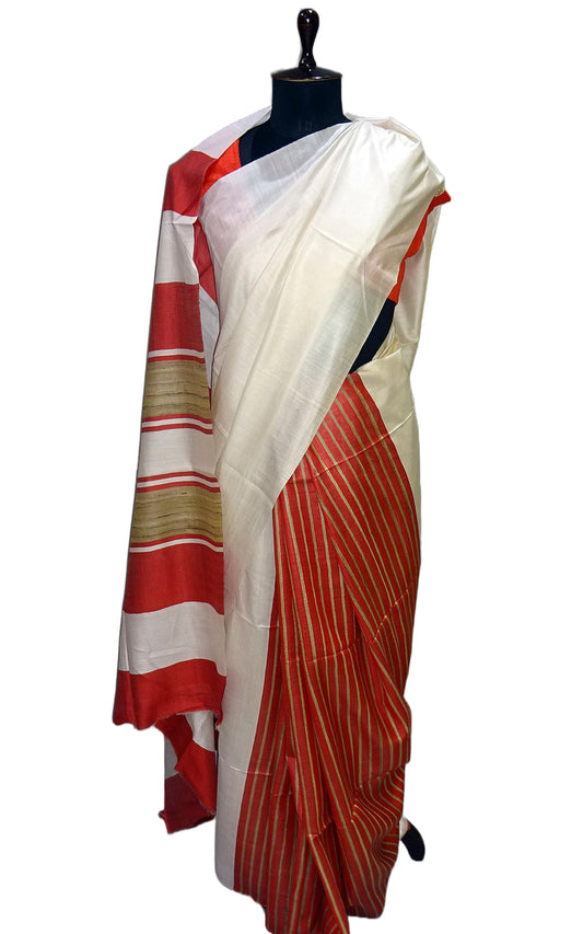 Patli Stripes Bhagalpuri Soft Silk Saree in White and Red with Gicha Work Pallu
