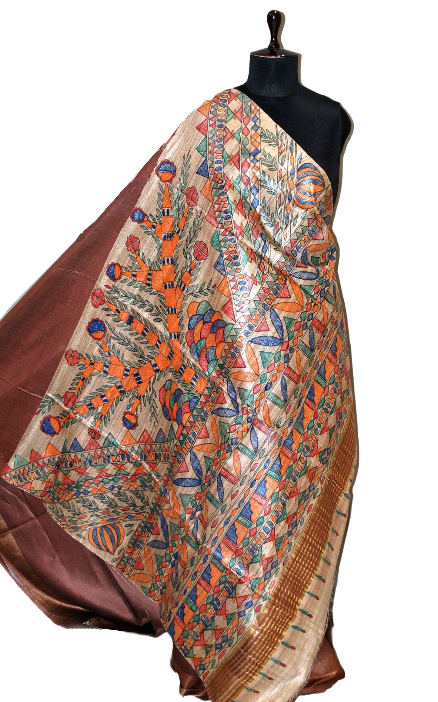 Soft Bhagalpuri Silk Saree in Hand Paint Madhubani Art with Gicha Tussar Pallu in Chocolate Brown