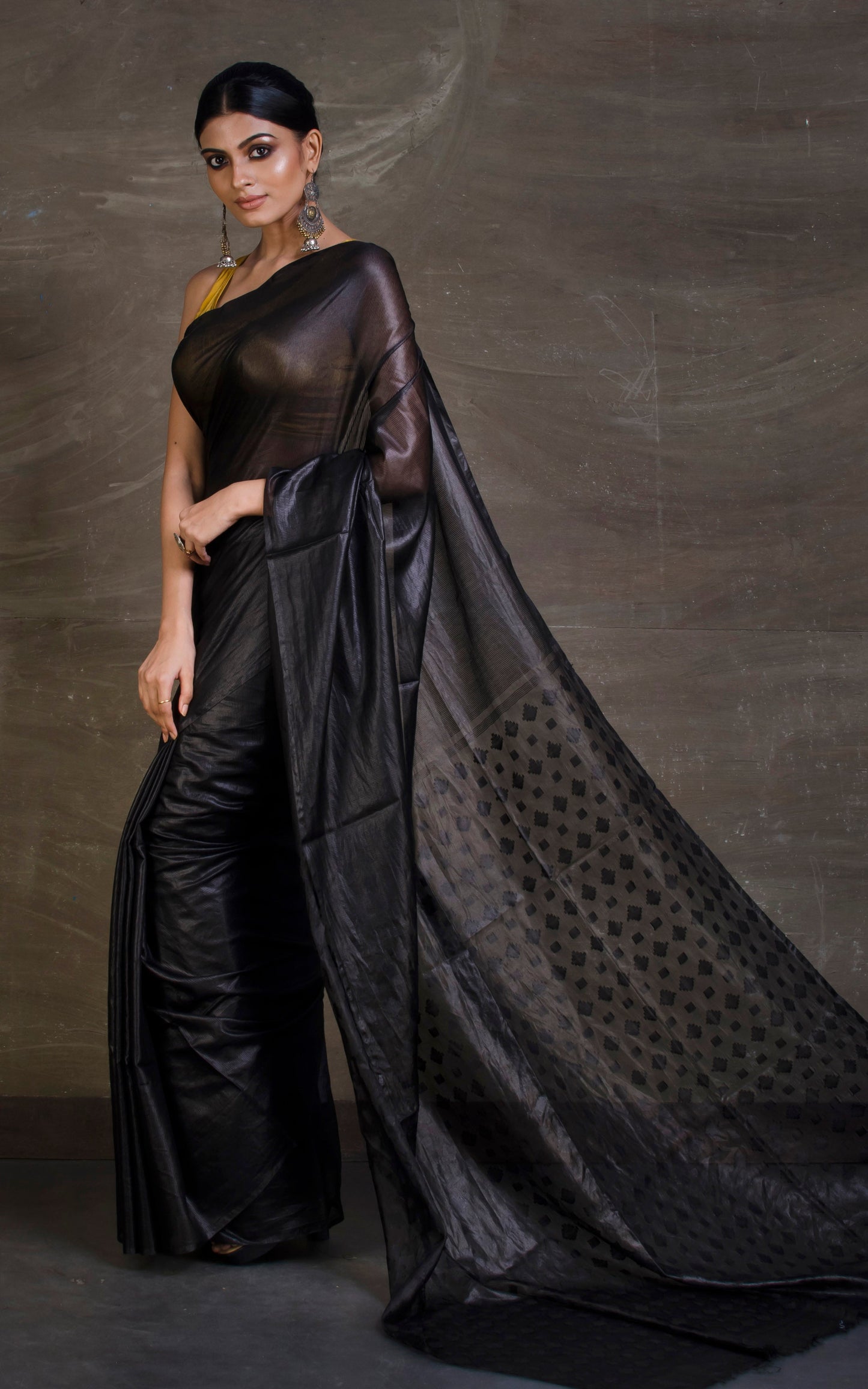 Soft Bhagalpuri Silk Saree with woven Floral Muslin Pallu in Black