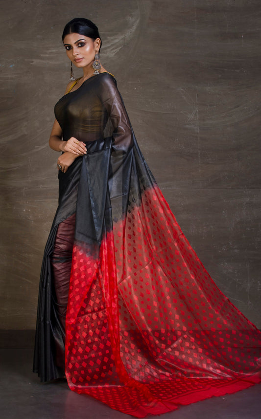 Soft Bhagalpuri Silk Saree with woven Floral Muslin Pallu in Black and Red