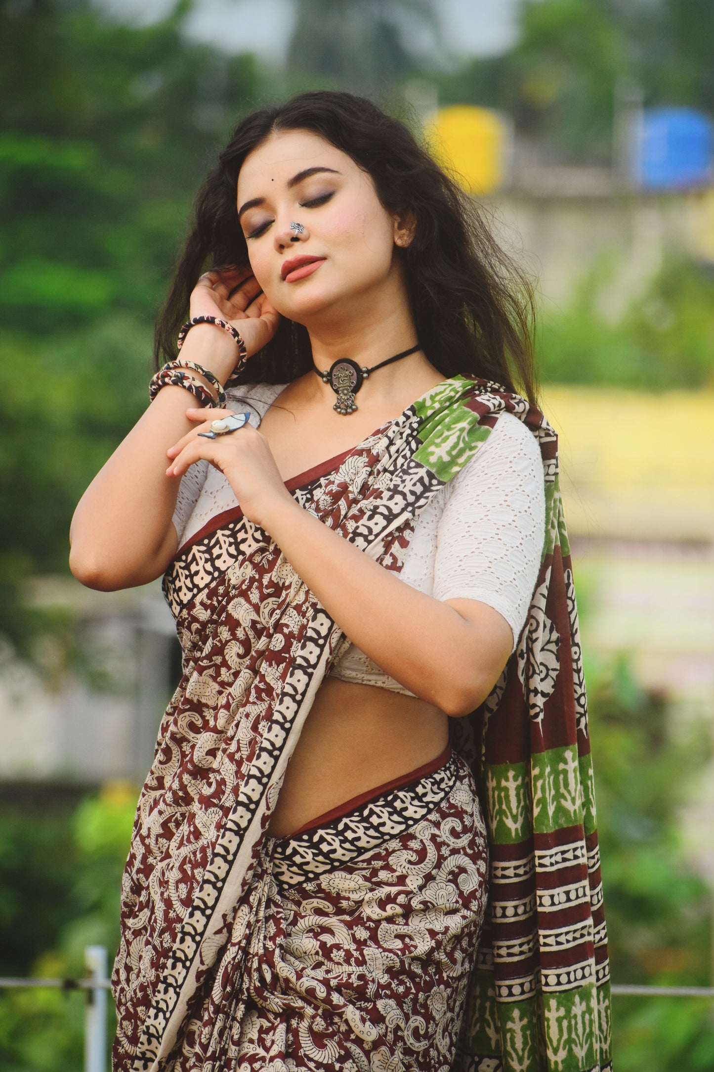 Dhaure - Wine Bagru Natural Dyes Handblock Printed - Cotton Mulmul Saree