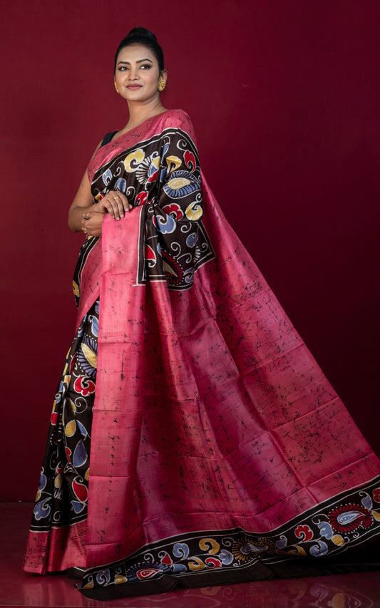Hand Batik Soft Bishnupuri Pure Silk Saree in Dark Brown, Strawberry Pink, Off White and Multicolored