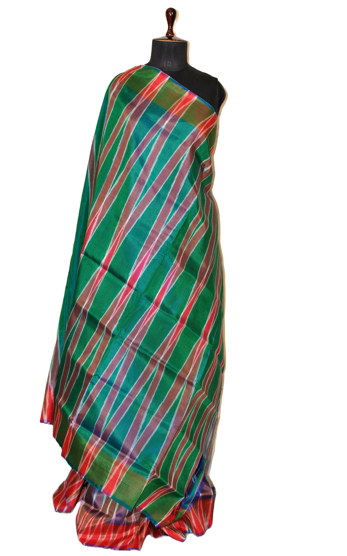 Bishnupuri Double Ikkat Pure Silk Saree in Emerald Green and Multicolored