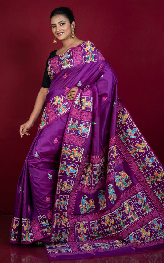 Patachitra Hand Fabric Art on Soft Bishnupuri Katan Silk Saree in Dark Magenta, Mint Green, Neon Pink and Multicolored