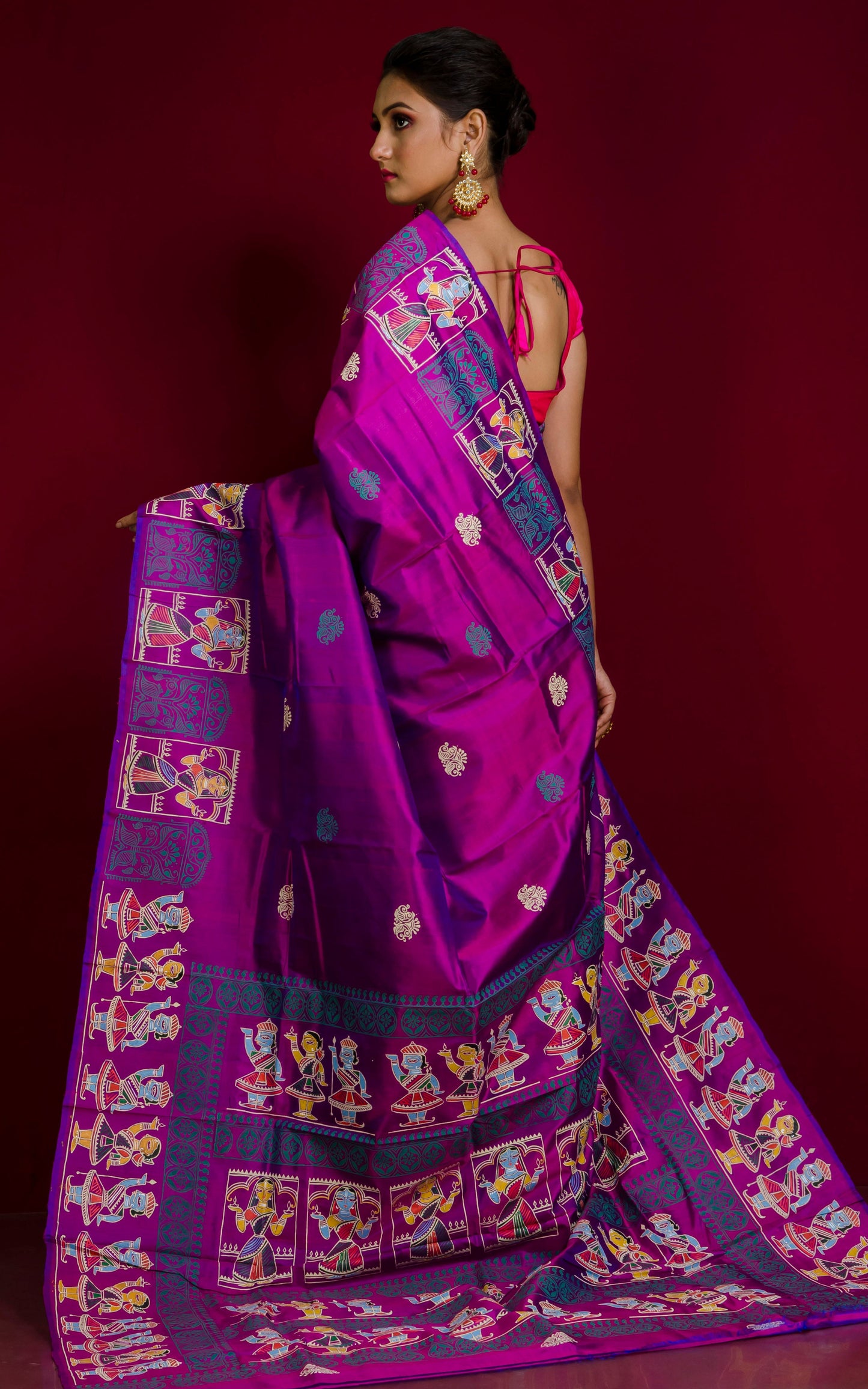 Patachitra Hand Fabric Art on Soft Bishnupuri Katan Silk Saree in Dual Tone Magenta