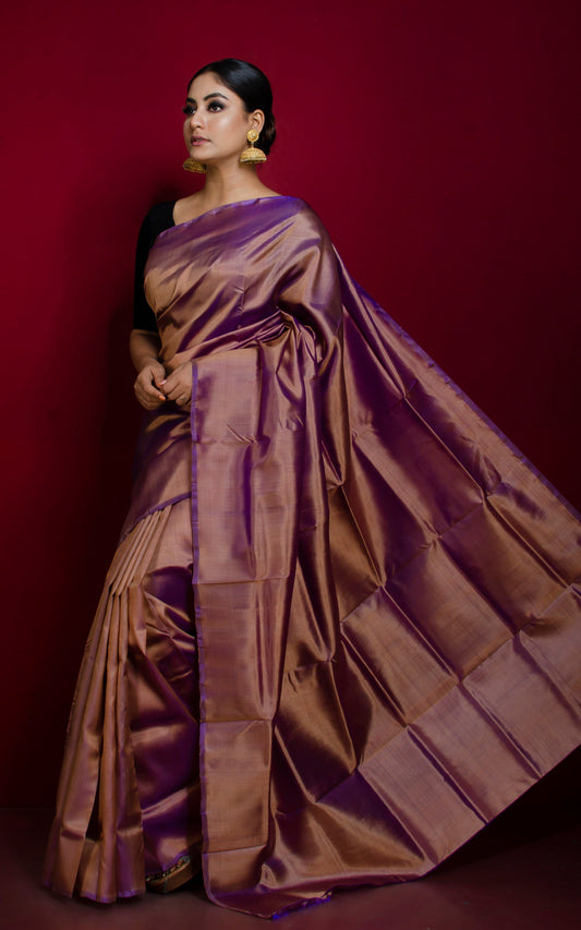 Soft Woven Bishnupuri Dual Tone Katan Silk Saree in Rose Gold and Purple