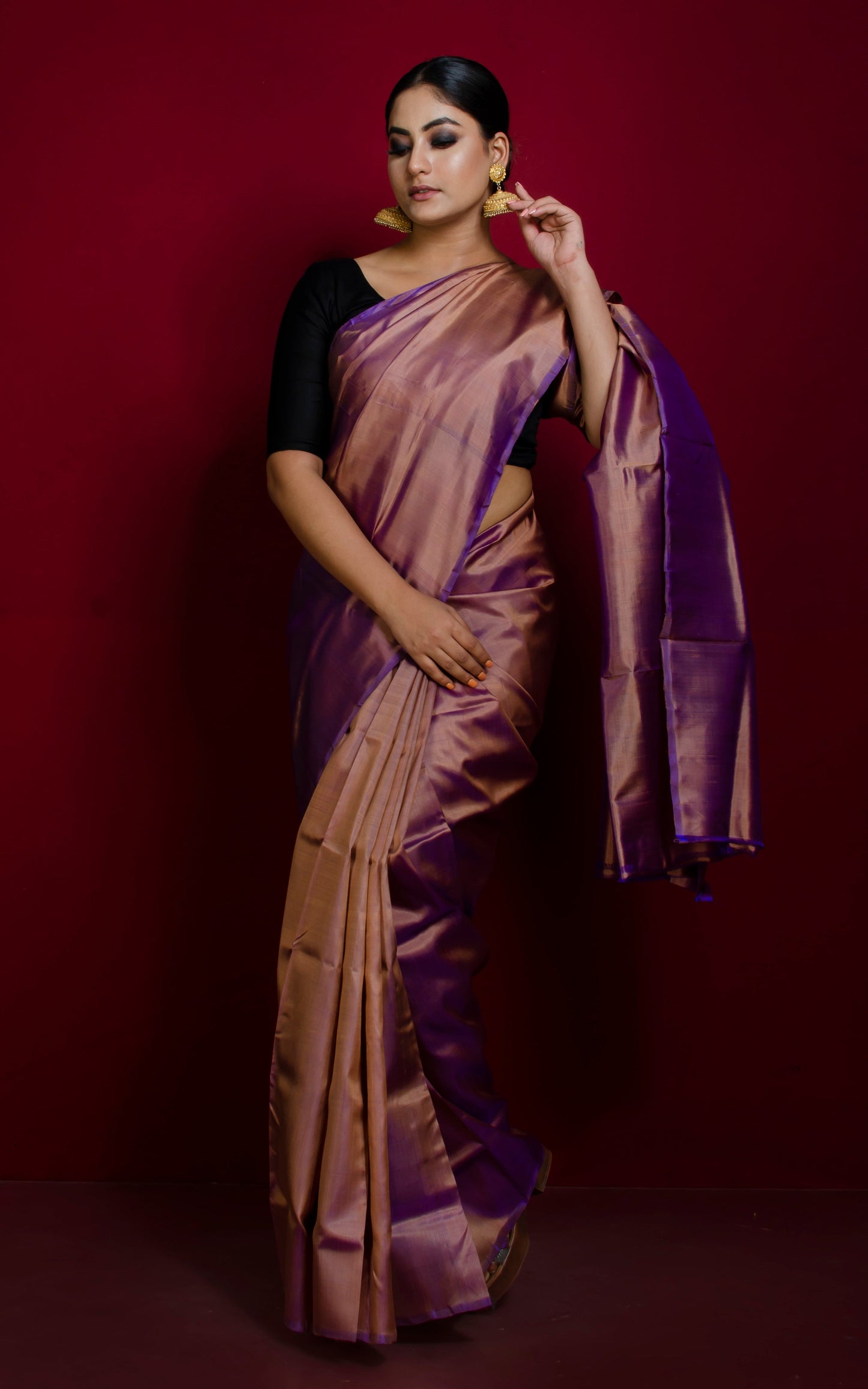 Soft Woven Bishnupuri Dual Tone Katan Silk Saree in Rose Gold and Purple