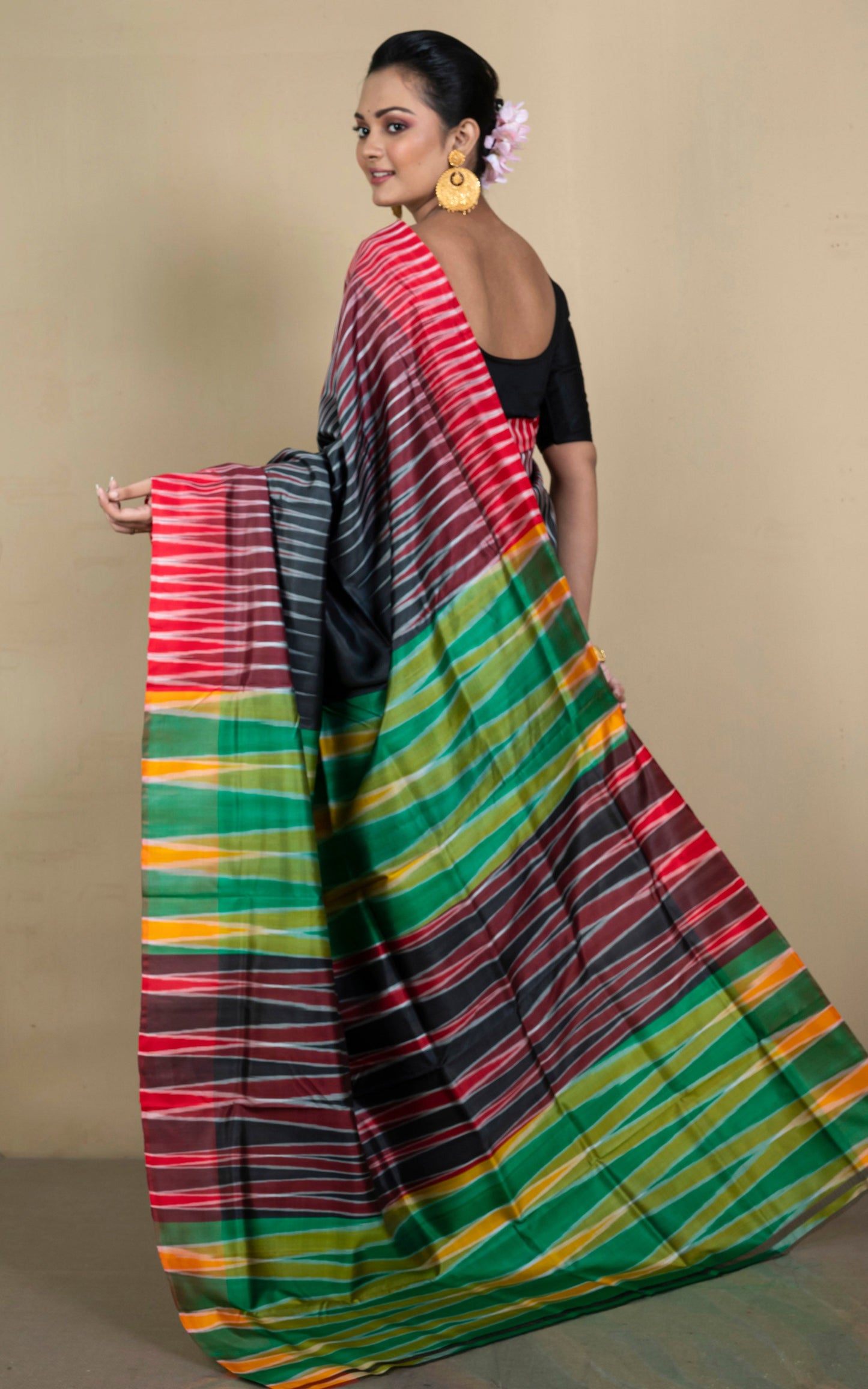 Bishnupuri Double Ikkat Pure Silk Saree in Soot Black, Red and Multicolored