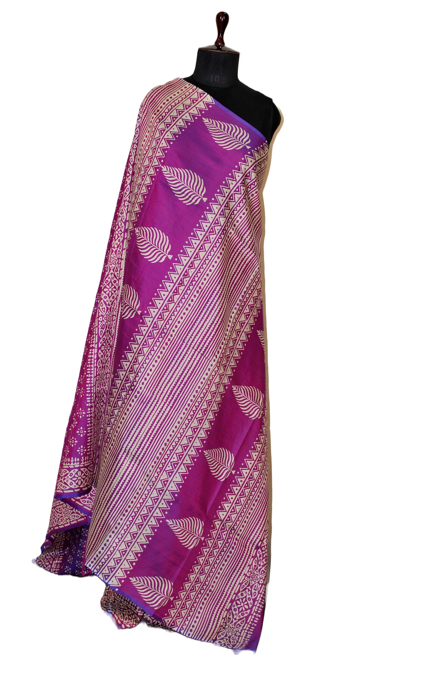 Hand Block Printed Bishnupuri Pure Silk Saree in Purple and Light Beige