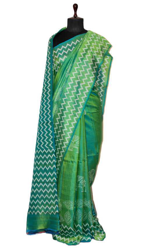 Hand Block Printed Bishnupuri Pure Silk Saree in Chateau Green and Off White