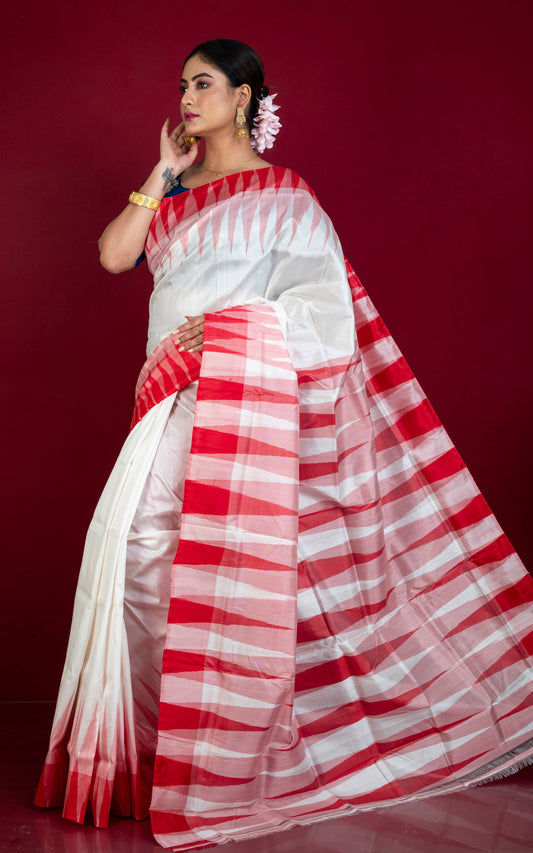 Bishnupuri Double Ikkat Pure Silk Saree in White and Red