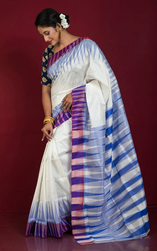 Bishnupuri Double Ikkat Pure Silk Saree in Off White, Royal Blue and Diffuse Purple