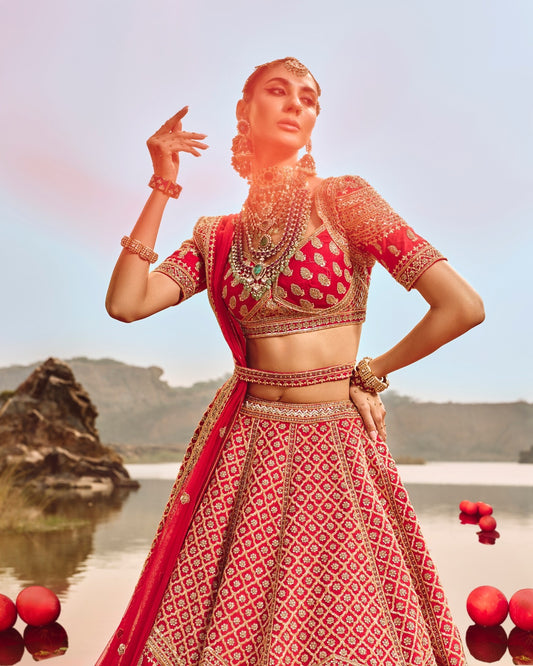 Red Heavy Butti Embellished Silk Bridal Lehenga