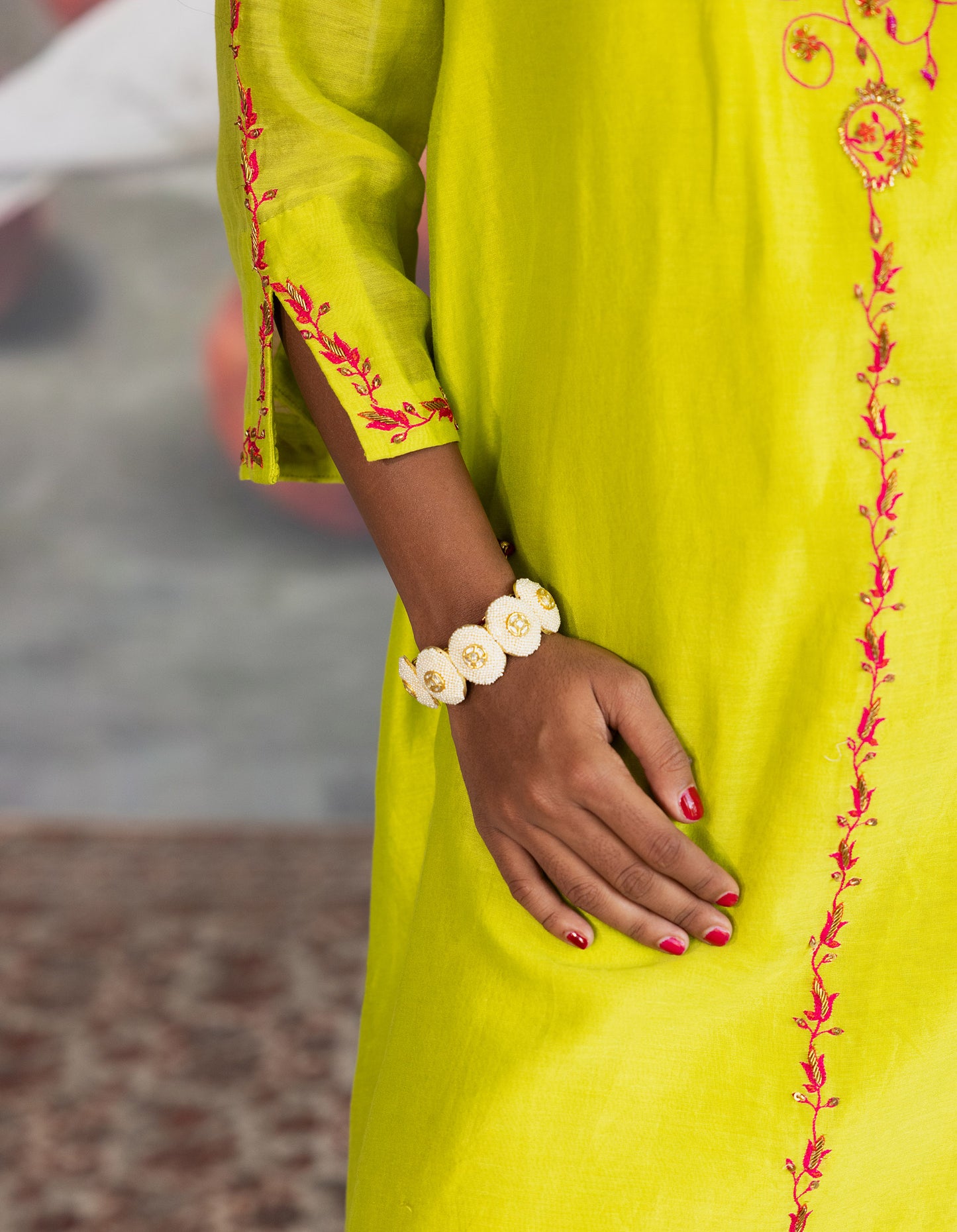 Green and Pink Chanderi Embroidered Kurta set