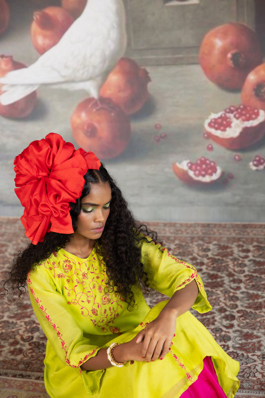 Green and Pink Chanderi Embroidered Kurta set