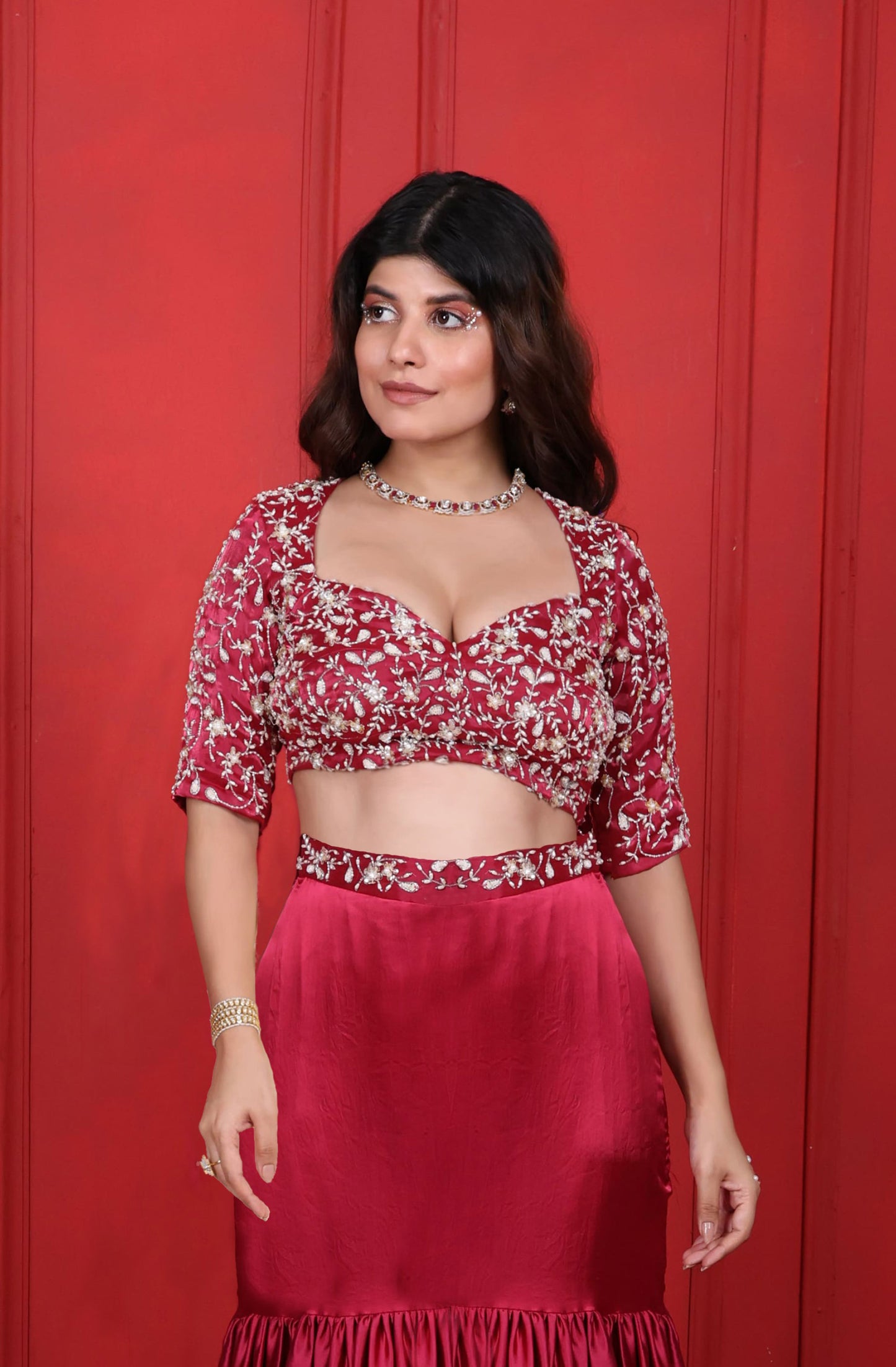 Rosa Rosario Fish-Cut Hand Embroidered Skirt Choli Set