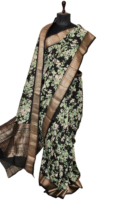 Floral Printed Soft Chanderi Silk Saree in Black, Turquoise Green, Beige and Antique Gold
