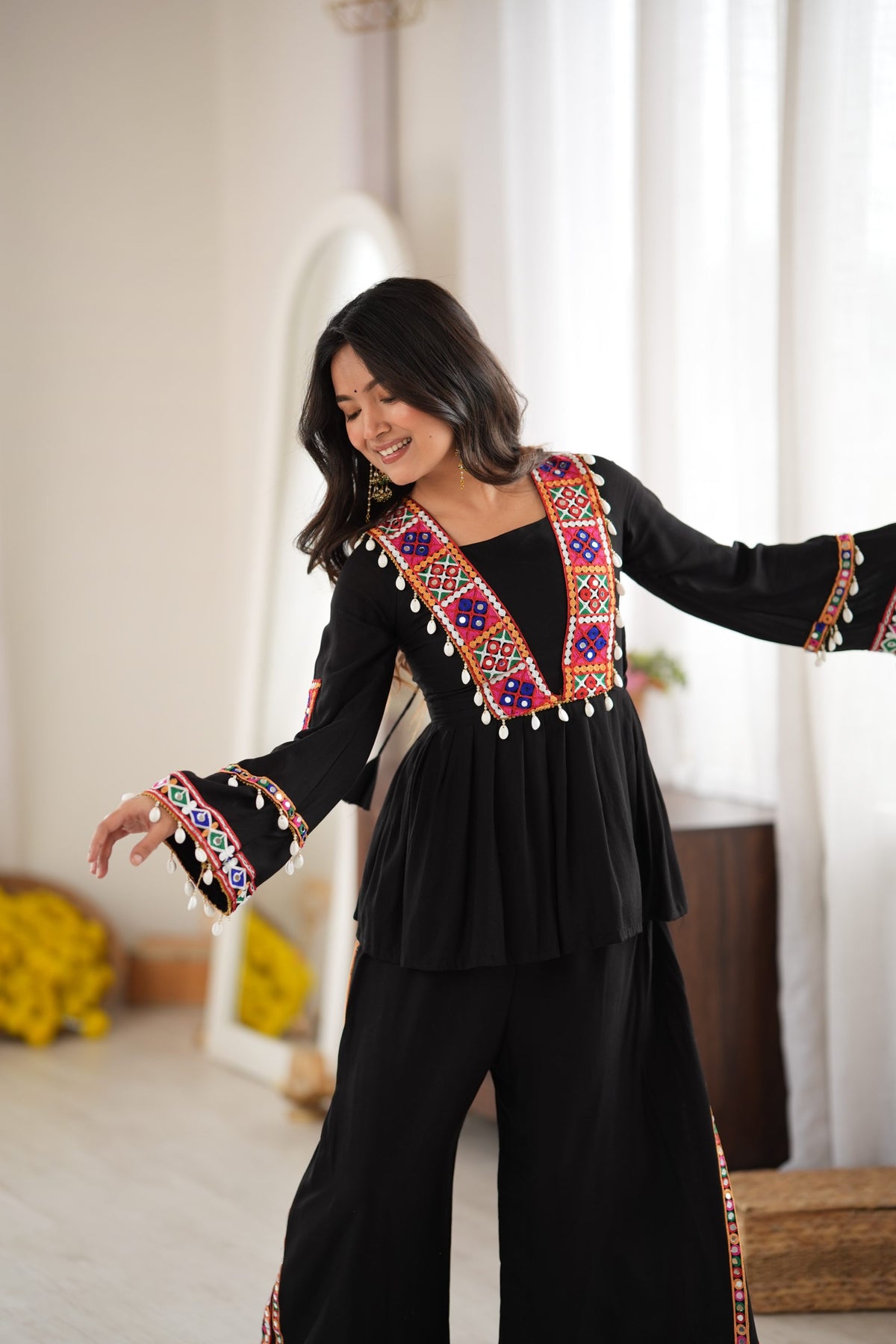Black Rayon Silk Mirror & Kodi Embroidered Navratri Palazzo Set