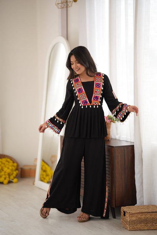Black Rayon Silk Mirror & Kodi Embroidered Navratri Palazzo Set