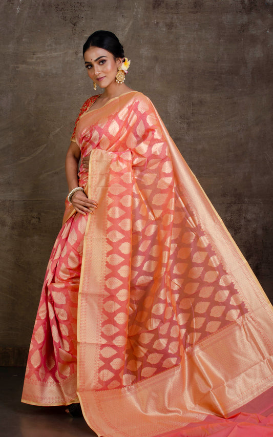 Handwoven Cotton Chanderi Saree in Salmon Pink and Muted Gold