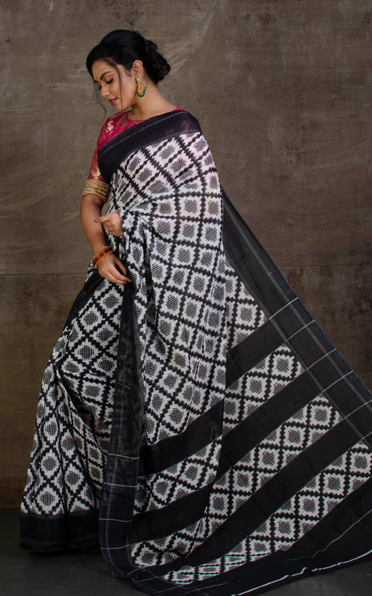 Ikkat Printed Mercerized Cotton saree in Off White and Black