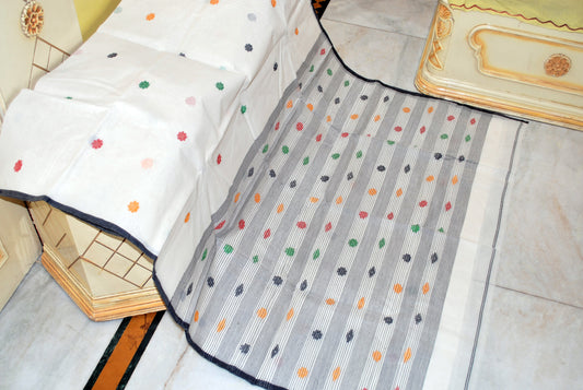 Hand Work Cotton Dhakai Jamdani Saree in Off White, Black and Multicolor Thread Work