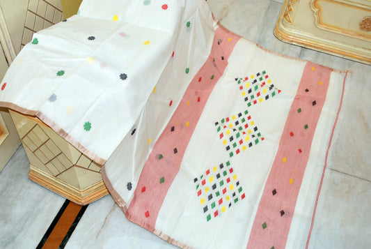 Rhombus Motif Pallu Hand Work Cotton Dhakai Jamdani Saree in Off White, Red and Multicolored