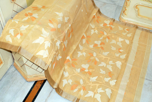 Premium Quality Hand Work Cotton Dhakai Jamdani Saree in Biscotti, Beige, Off White and Apricot Thread Work