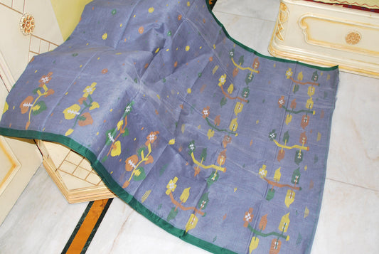 Hand Woven Skirt Nakshi Work Cotton Dhakai Jamdani Saree in Slate Grey, Deep Bottle Green and Multicolored