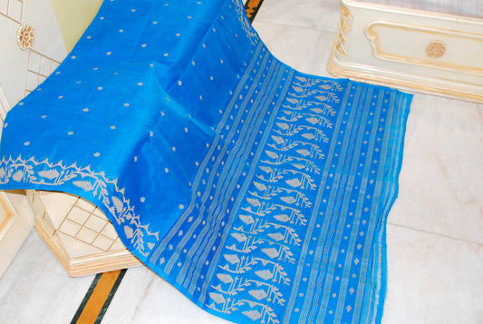 Hand Karat Needle Woven Work Pure Cotton Bengal Jamdani Saree in Cobalt Blue and Beige