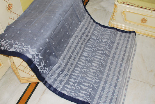Hand Karat Needle Woven Work Pure Cotton Bengal Jamdani Saree in Steel Grey and Off White with Midnight Blue Selvage