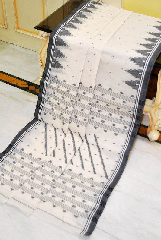 Crowned Temple Border Work Pure Cotton Bengal Jamdani Saree in Off White and Black