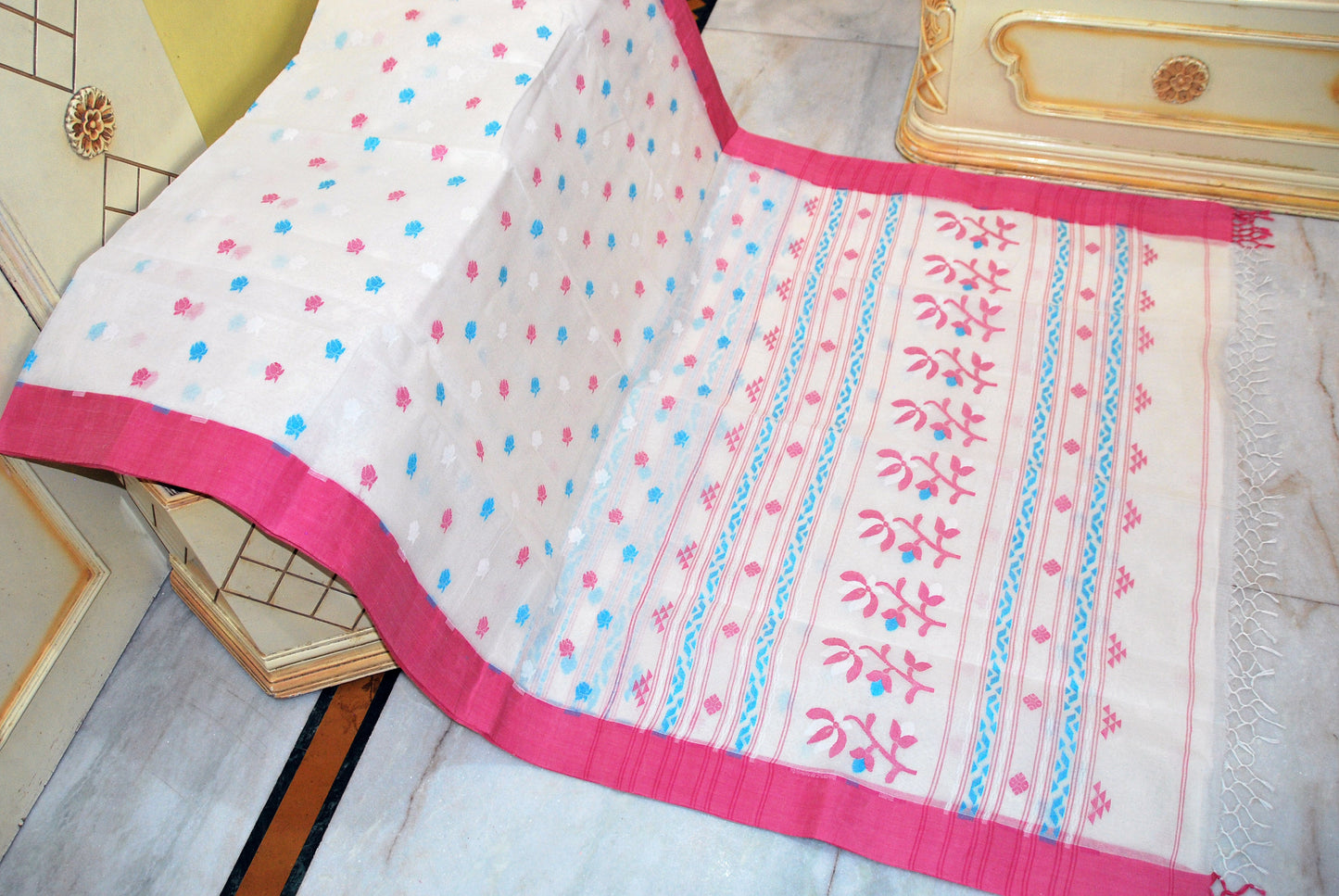 Pure Cotton Poth Jamdani Saree in Off White, Watermelon Pink, Blue and White