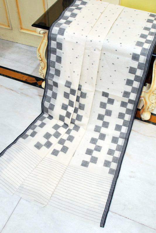 Handwoven Pure Cotton Bengal Jamdani Saree in Warm White and Black Thread Work