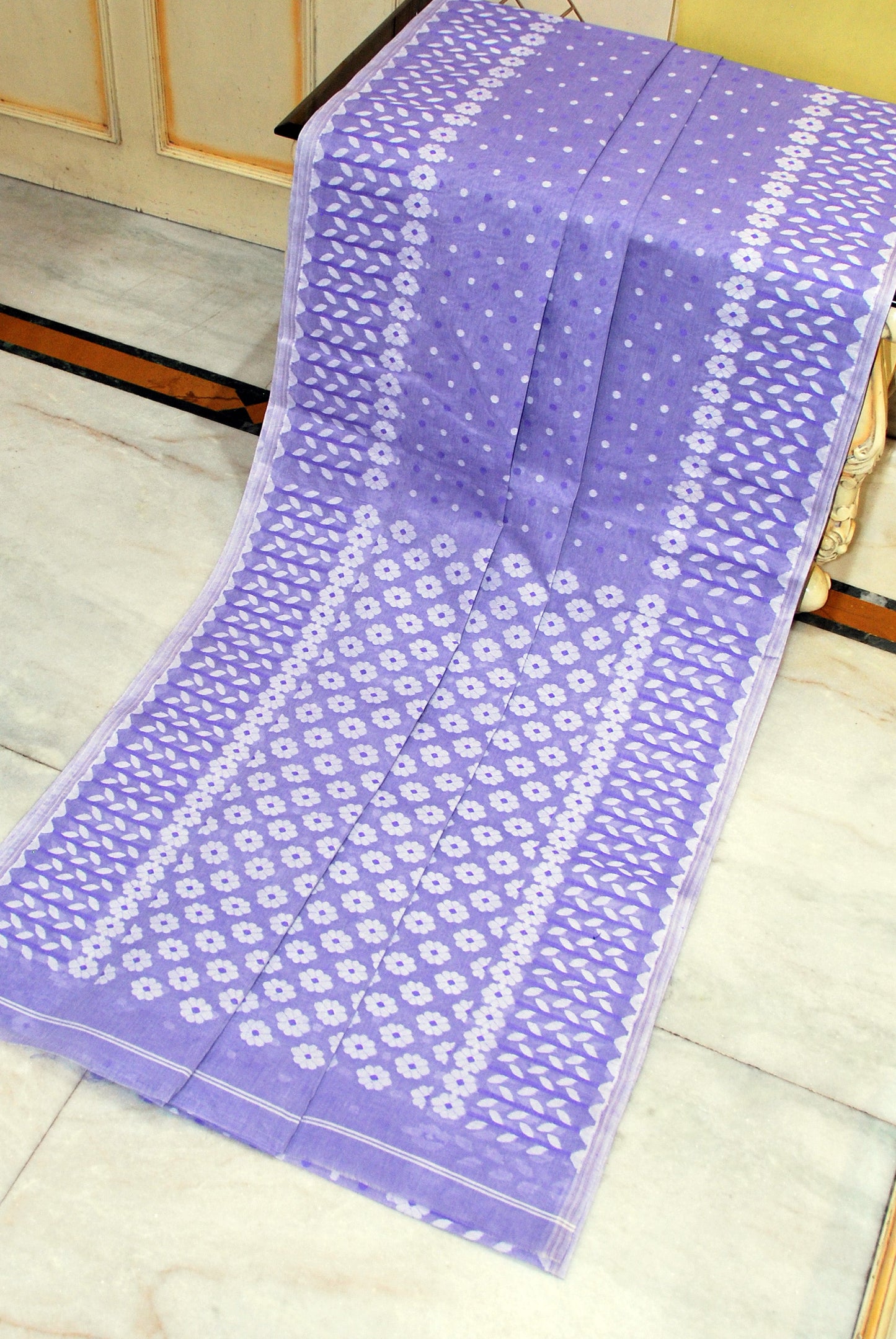 Nakshi Floral Work with Polka Butta Cotton Jamdani Saree in Lavender and Off White Thread Work